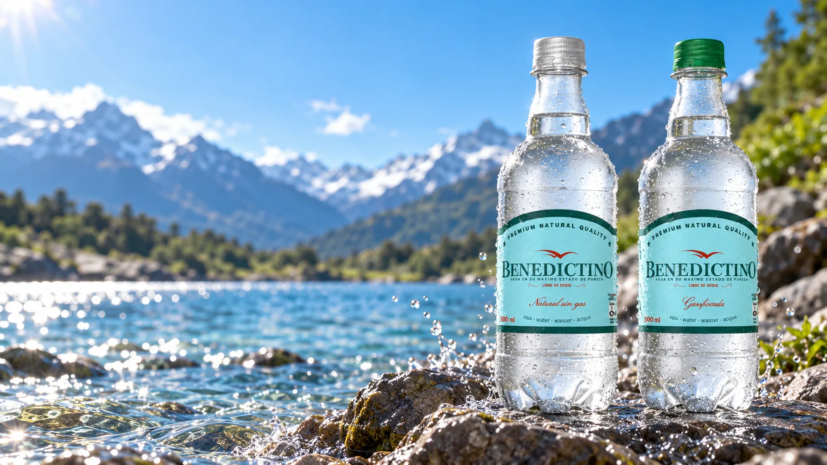 Dos botellas de agua Benedictino de 500 ml junto a un lago