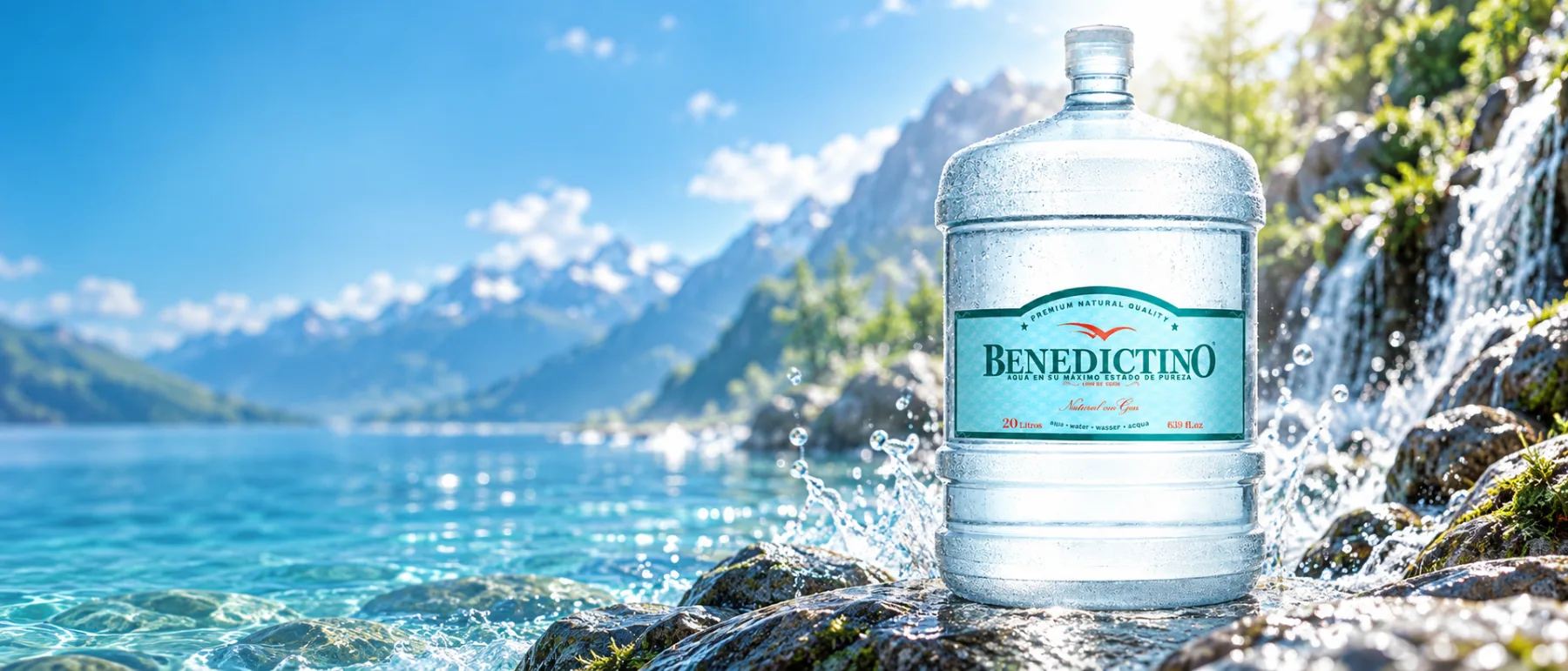 Bidón de agua Benedictino de 20 litros junto a una cascada