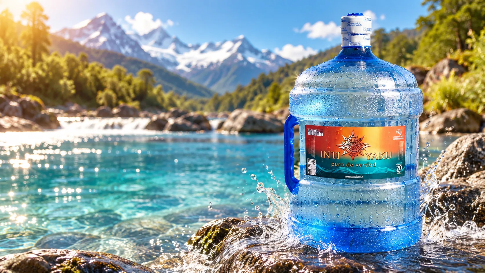 Bidón de agua Intiyaku de 20 litros junto a un río