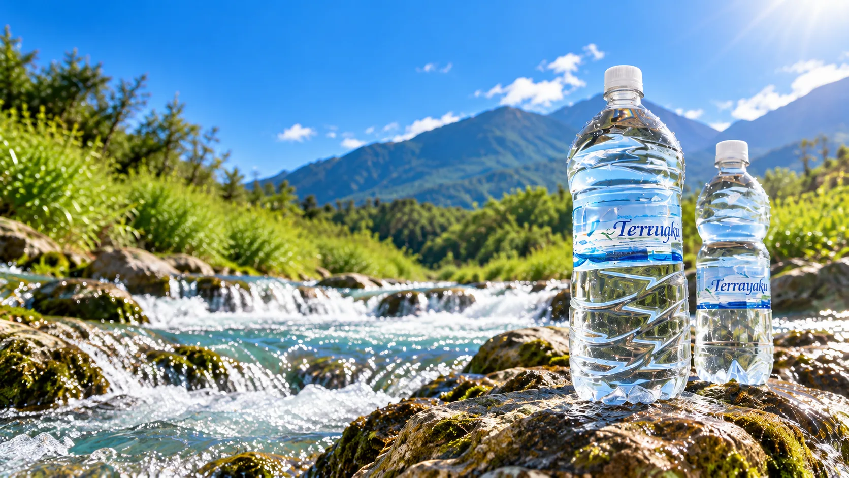 Botellas de agua Terrayaku junto a un río