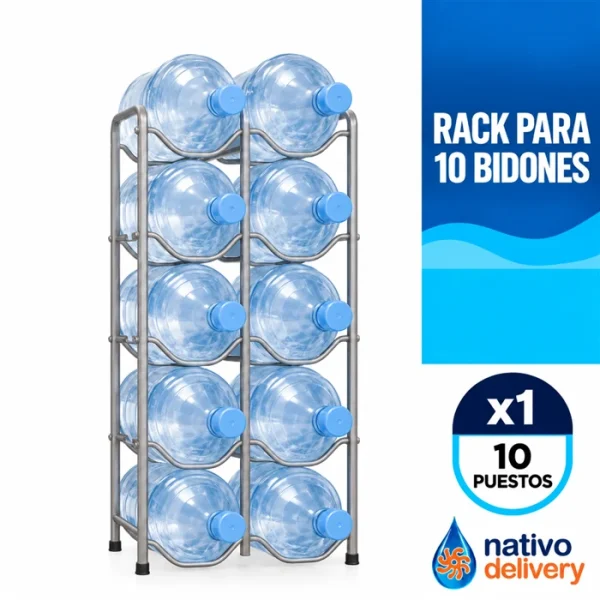 Rack metálico de 10 puestos con bidones de agua